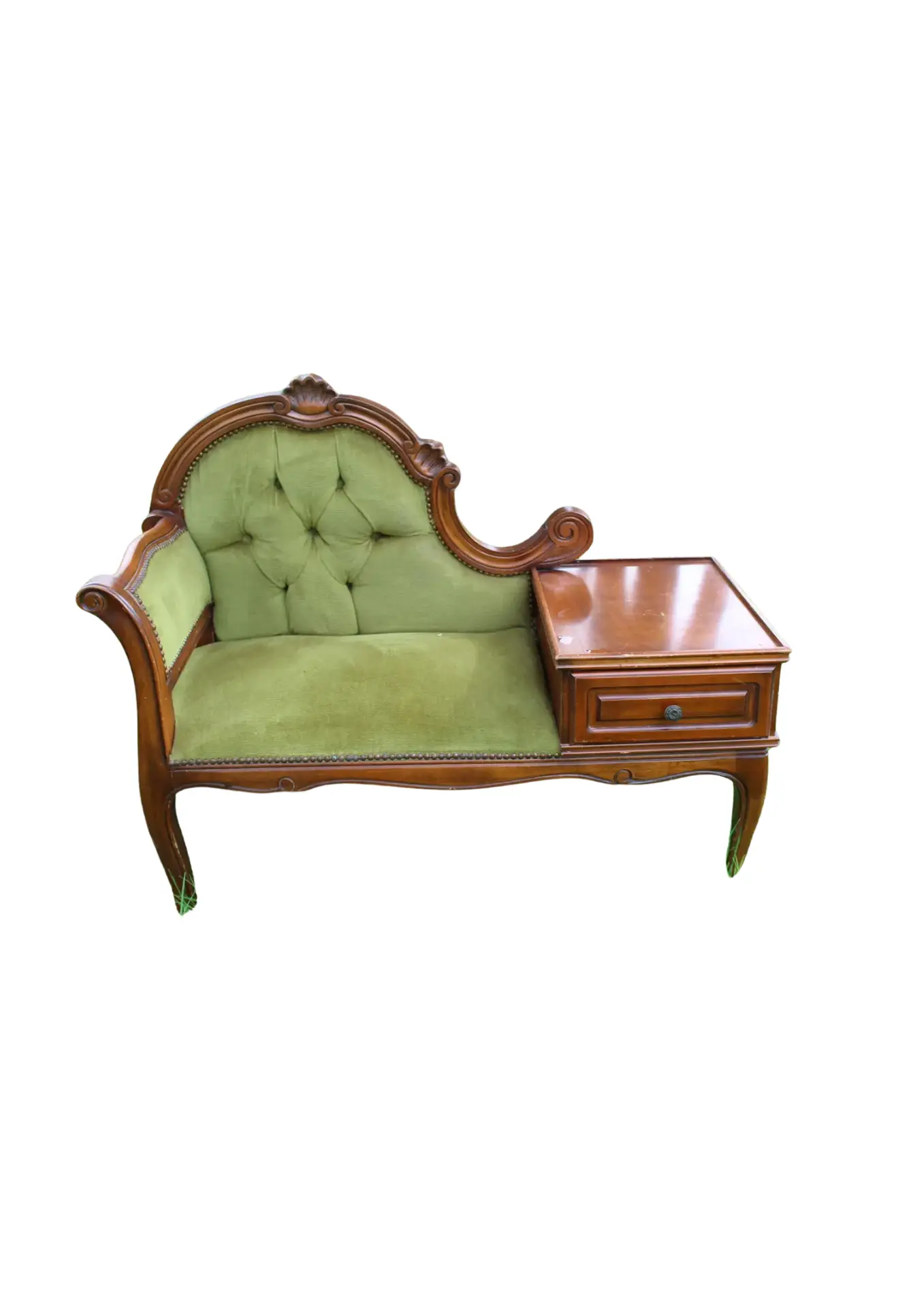 meuble téléphone vintage velours vert capitonné proposé à la location pour un mariage